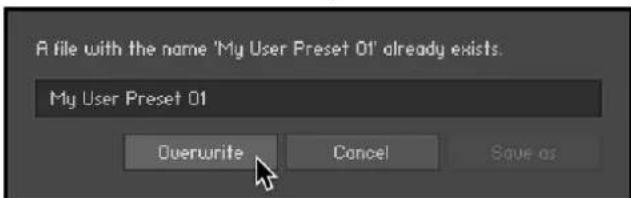 A file with the name 'My User Preset 01' already exists. My User Preset 01 Overwrite Cancel Save as