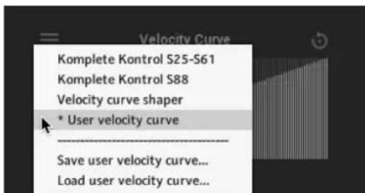 Velocity Curve Komplete Kontrol S25-S61 Komplete Kontrol S88 Velocity curve shaper * User velocity curve Save user velocity curve... Load user velocity curve...