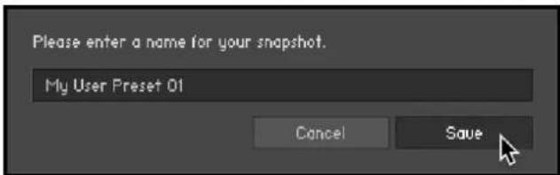 Please enter a name for your snapshot. My User Preset 01 Cancel Save