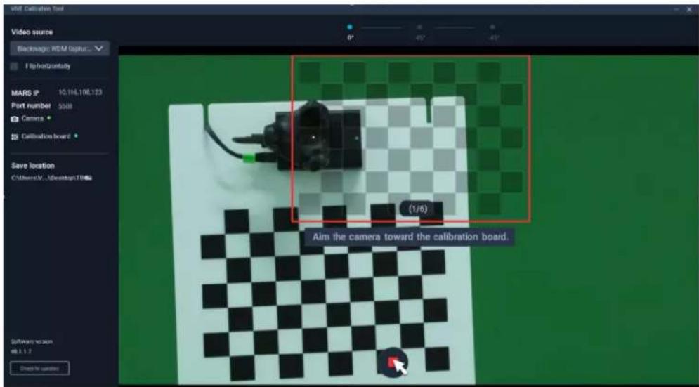VRF Calculation Tool Video source Blackmagic RDM Capture... Flip horizontally MARS IP 10.186.108.123 Port number 5308 Camera Calibration Board Save location C:\Users\CM - \Desktop\TDMs (1/6) Aim the camera toward the calibration board. Software to scan m1.1.2 Check for validation