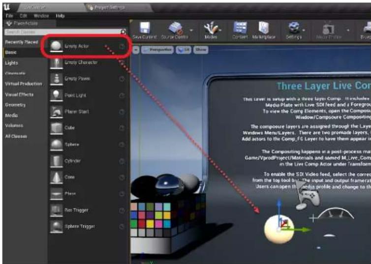 File Edit Window Help Project Actions New! Faces Recently Paiced Base Lights Composite Virtual Production Visual Effects Geometry Media Volumes All Classes Empty Actor Empty Character Empty Paws Point Light Place Start Cube Sphere Cylinder Cube Plane Run Trigger Sphere Trigger Set Current: Source Control Males Consort Makingbase Settings Real Frame Burd Photography MT Share Three Layer Live Comp This Level is setup with a three layers Comp. It includes Media Plate with Live SDK feed and a Foregrou To view the Comp Elements, open the Composite Window/Compsourse Composting The composite layers are assigned through the Layer Windows Menu/Layers. There are two promade layers. Add actors to the Comp FG Layer to have them appear in The Compositing happens in a post-process menu Game/VprodProject/Materials and added MLLive_Comper in the Live Comp Actor under Transform To enable the SDK Video feed, select the corrected from the top tool but. The input and output frames are Users can open the media profile and change to the