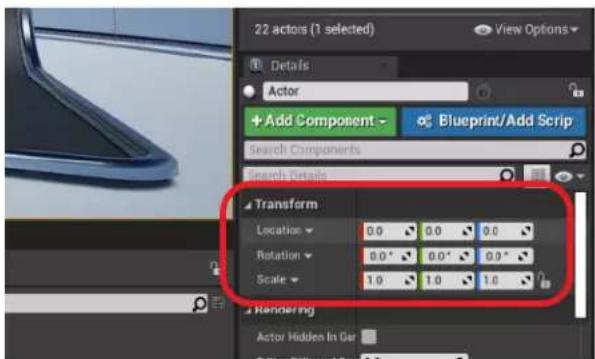 22 actors (1 selected) Details Actor + Add Component - Blueprint/Add Scrip Search Components Search Details Transform Location 0.0 0.0 0.0 Rotation 0.0° 0.0° 0.0° Scale 1.0 1.0 1.0 Rendering Actor Hidden In Car Editor: Rutherford Scs 1.0