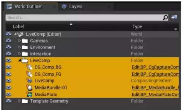 World Outliner Layers Search... Label Type LiveComp (Editor) World Cameras Folder Environment Folder Interaction Folder LiveComp CG_Comp_BG Edit BP_CgCaptureCom CG_Comp_FG Edit BP_CgCaptureCom LiveComp CompositingElement MediaBundle-01 Edit BP_MediaBundle_ MediaPlate Edit BP_MediaPlateCon Template Geometry Folder
