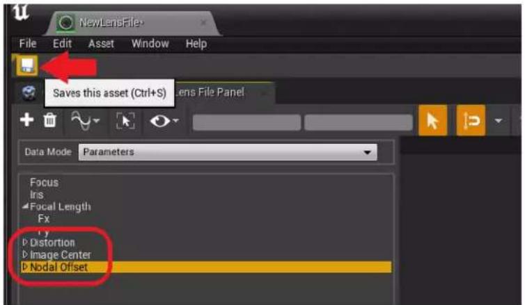 NewLensFile File Edit Asset Window Help Saves this asset (Ctrl+S) Lens File Panel Data Mode Parameters Focus Ins Focal Length Fx Distortion Image Center Nodal Offset