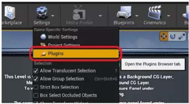 Marketplace Settings Media Profile Blueprints Cinematics Game Specific Settings World Settings Project Settings Plugins Selection Allow Translucent Selection Allow Group Selection Ctrl+Shift+G Strict Box Selection Box Select Occluded Objects This Level is: Me Tov Open the Plugins Browser tab. s a Background CG Layer, ound CG Layer. sure Panel under ing. The com: Show Trans from Wizard