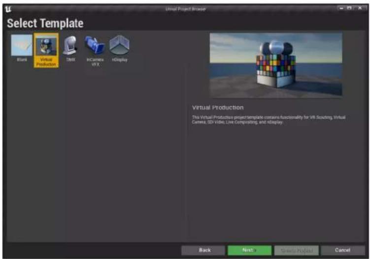 Select Template Blunt Virtual Production DMX InCamera VFX nDisplay Virtual Production This Virtual Productbox project template contains functionality for VR Scouting, Virtual Camera, DVD Video, Live Combuilding, and nDisplay. Back Next > Game Provider Cancel