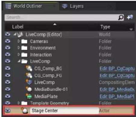 World Outliner Layers Search... Label Type LiveComp (Editor) World Cameras Folder Environment Folder Interaction Folder LiveComp Folder CG_Comp_BG Edit BP_CqCaptu CG_Comp_FG Edit BP_CqCaptu LiveComp CompositingElem MediaBundle-01 Edit BP_MediaBc MediaPlate Edit BP_MediaPI Template Geometry Folder Stage Center Actor