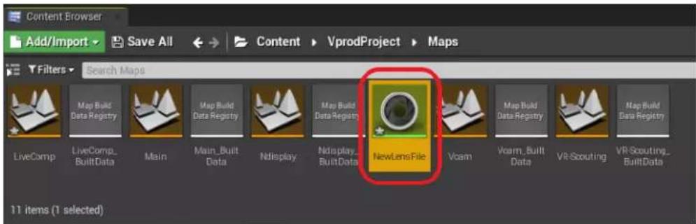 Content Browser Add/Import Save All Content VprodProject Maps Filters Search Maps LiveComp Map Build Data Registry Main Map Build Data Registry Main_Built Data Ndisplay Map Build Data Registry Ndisplay BuiltData NewLensFile Voam Map Build Data Registry Voam_Built Data VR-Scouting Map Build Data Registry VR-Scouting_ BuiltData 11 items (1 selected)
