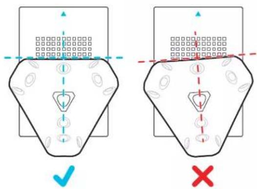 Diagram illustrating correct and incorrect positioning of a mechanical part with checkmark and cross symbols indicating alignment.