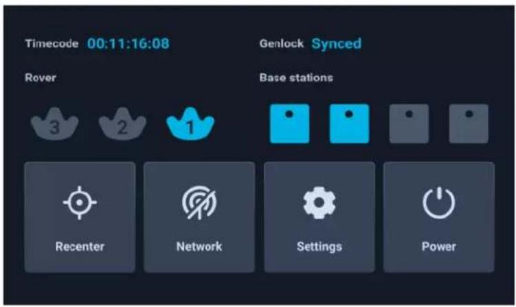 Timecode 00:11:16:08 Genlock Synced Rover Base stations 3 2 1 Recenter Network Settings Power