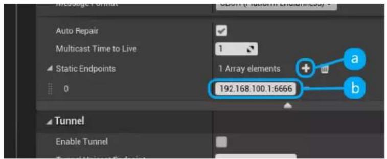 Message Format Auto Repair Multicast Time to Live Static Endpoints 0 1 Array elements 192.168.100.1:6666 Tunnel Enable Tunnel
