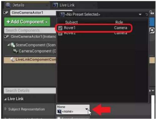 Details Live Link CineCameraActor1 + Add Component Search Components CineCameraActor1 (Instance) SceneComponent (Scene CameraComponent (C LiveLinkComponent:Com Search Details Live Link Subject Representation Subject Role Rover1 Camera Rover2 Camera None
