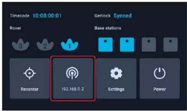 Timecode 10:08:00:01 Genlock Synced Rover Base stations 3 2 1 Recenter 192.168.0.2 Settings Power