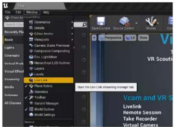 File Edit Window Help Place Active Level Editor Search Class Recently Play Basic Lights Cinematic Virtual Prod Visual Effect Geometry Media Volumes All Classes Cinematics Details Editio Modes Viewports Camera Shake Previewer Composite Composting Env. LightMixer Hierarchical LOD Outliner Layers Levels Live Link Place Actors Statistics Toolbar Variant Manager World Outliner World Settings General Save Current Source Control Modes Con Perspective Lift Show Open the Live Link streaming manager tab Vcam and VR S Livelink Remote Session Take Recorder Virtual Camera