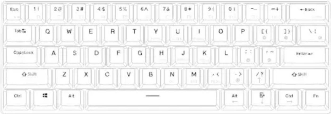 Esc 11 2@ 3# 4$ 5% 6A 7& 8* 9( 0) -=+ ←Back Tab Q W E R T Y U I O P [( ]) CapLock A S D F G H J K L : : " Enter← Shift Z X C V B N M < /? Shift Ctrl Alt Alt Ctrl Fn