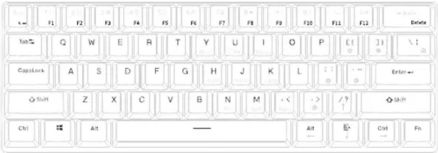 F1 F2 F3 F4 F5 F6 F7 F8 F9 F10 F11 F12 Delete Tab Q W E R T Y U I O P [f ] \ ! CapsLock A S D F G H J K L : : Enter← Shift Z X C V B N M < / ? Shift Ctrl Alt Alt Ctrl Fn