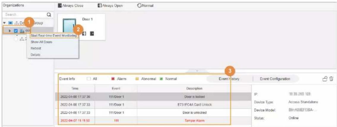 Organizations Search 1 Group 111 Start Real-time Event Monitoring Show All Doors Reboot Details Event Info All Alarm Abnormal Normal Event History Event Configuration Time Event Description 2022-04-08 17:37:36 111/Door 1 Door is locked 2022-04-08 17:37:33 111/Door 1 E731FC4A Card Unlock 2022-04-08 17:37:33 111/Door 1 Door is unlocked 2022-04-07 11:11:50 111 Tamper Alarm IP: 18:55:241 109 Device Type: Access Standalone Device Model: SHANDOBA- Status: Online