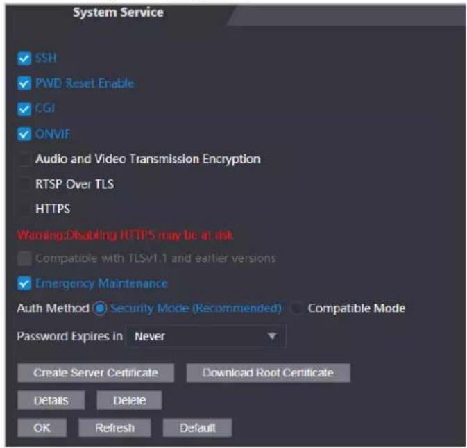 System Service ✓ SSH ✓ PWD Reset Enable ✓ CGI ✓ ONVIF □ Audio and Video Transmission Encryption □ RTSP Over TLS □ HTTPS Warning:Disabling HTTPS may be at risk □ Compatible with TLSv1.1 and earlier versions ✓ Emergency Maintenance Auth Method ● Security Mode (Recommended) ○ Compatible Mode Password Expires in Never Create Server Certificate Download Root Certificate Details Delete OK Refresh Default