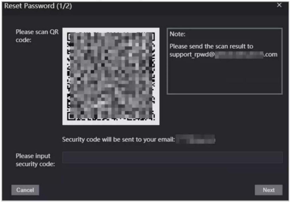 Reset Password (1/2) Please scan QR code: Note: Please send the scan result to support_rpwd@ Security code will be sent to your email: Please input security code: Cancel Next