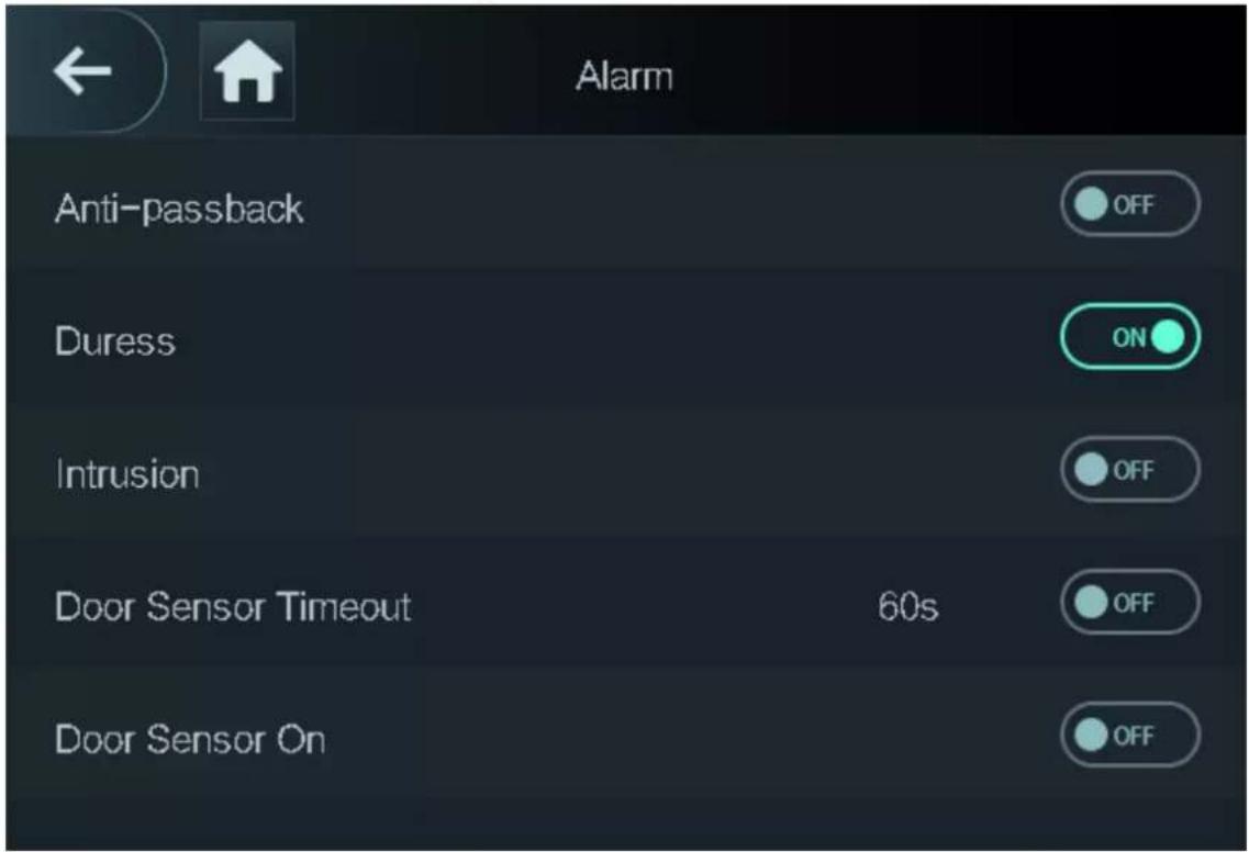 Alarm Anti-passback OFF Duress ON Intrusion OFF Door Sensor Timeout 60s OFF Door Sensor On OFF