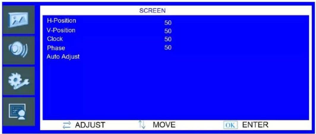 SCREEN H-Position 50 V-Position 50 Clock 50 Phase 50 Auto Adjust ADJUST MOVE OK ENTER
