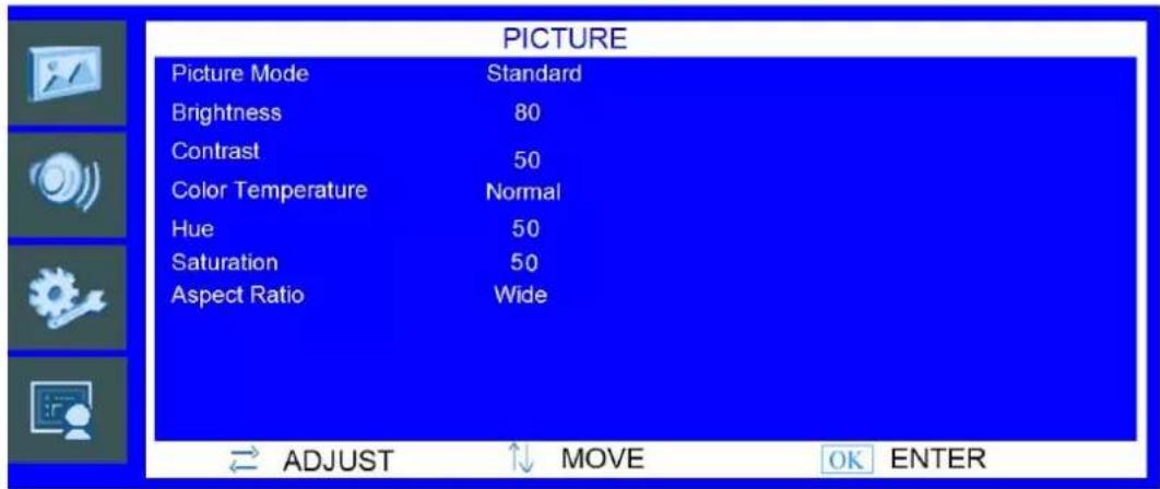PICTURE Picture Mode Standard Brightness 80 Contrast 50 Color Temperature Normal Hue 50 Saturation 50 Aspect Ratio Wide ADJUST ↑ MOVE OK ENTER