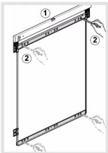Diagram showing two labeled components (① and ②) of a rectangular panel with measurement markings and hand gestures.