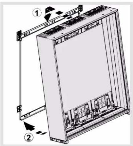 Technical diagram of an electrical cabinet with labeled components and directional arrows indicating assembly or installation steps.