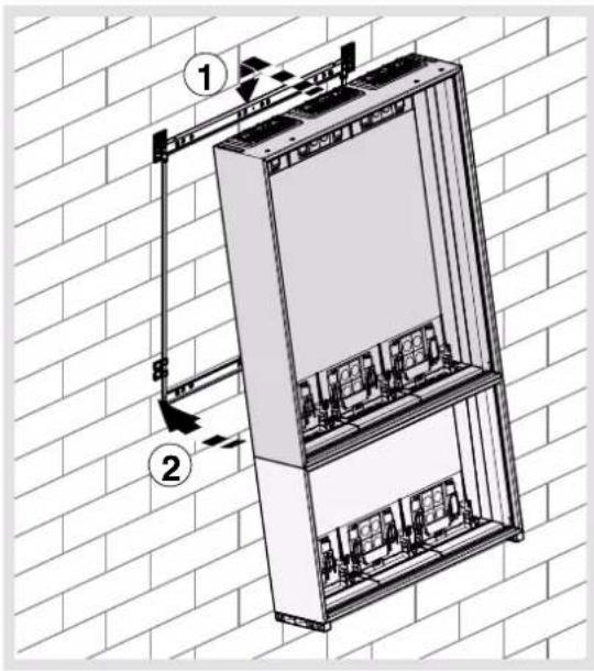 Technical diagram of an electrical cabinet with labeled components and directional arrows indicating assembly or installation.
