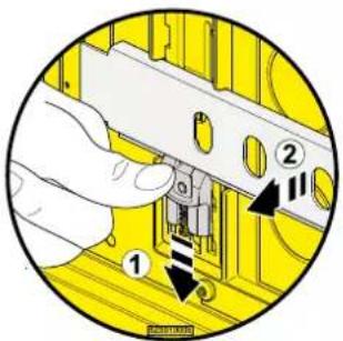Diagram showing a hand holding a mechanical component with labeled parts 1 and 2, likely illustrating a process or assembly step.