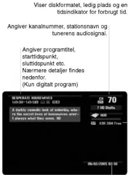 Viser diskformatet, ledig plads og en tidsindikator for forbrugt tid. Angiver kanalnummer, stationsnavn og tunerens audiosignal. Angiver programtitel, starttidspunkt, sluttidspunkt etc. Nærmere detaljer findes nedenfor. (Kun digitalt program) DESPERATE HOUSEWIVES 149:00~149:500 70 A darkly comedic look at suburbia, where the secret lives of housewives aren't always what they seem. HD CH 630 7 HD Digita HDD 630 83H 26M Free 06/02/2005 02:30