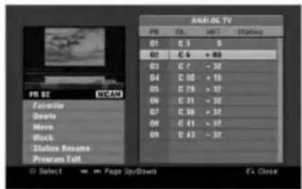 ANALOG TV PB Ch Alt Storage 01 C 5 0 02 C 5 + 89 03 C 7 - 30 04 C 10 + 19 05 C 28 + 37 06 C 31 - 32 07 C 38 + 31 08 C 41 - 32 09 C 43 - 37 ○ Select = Page Up/Down C Close