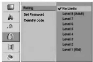 Rating Set Password Country code No Limits Level 8 (Adult) Level 7 Level 6 Level 5 Level 4 Level 3 Level 2 Level 1 (Kld)