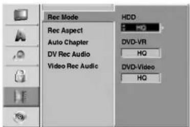 Rec Mode Rec Aspect Auto Chapter DV Rec Audio Video Rec Audio HDD HQ DVD-VR HQ DVD-Video HQ