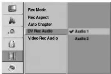 Rec Mode Rec Aspect Auto Chapter DV Rec Audio Video Rec Audio Audio 1 Audio 2