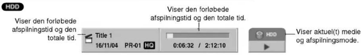 HDD Viser den forløbede afspilningstid og den totale tid. Title 1 16/11/04 PR-01 HQ 0:06:32 / 2:12:10 Viser den forløbede afspilningstid og den totale tid. HDD Viser aktuel(t) medie og afspilningsmode.