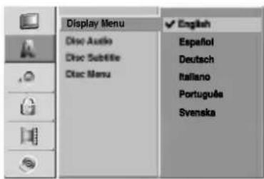 Display Menu Disc Audio Disc Subtile Disc Menu English Español Deutsch Italiano Português Svenska