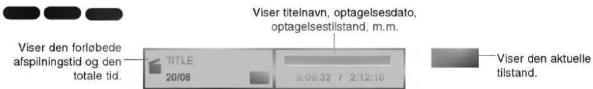 Viser den forløbede afspilningstid og den totale tid. TITLE 20/08 0:05:32 / 2:12:10 Viser titelnavn, optagelsesdato, optagelsestilstand, m.m. Viser den aktuelle tilstand.