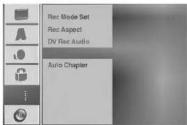 Rec Mode Set Rec Aspect DV Rec Audio Auto Chapter