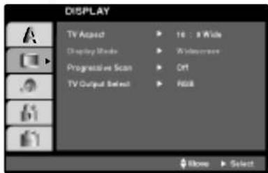 DISPLAY TV Aspect Display Mode Progressive Scan TV Output Select 16 : 8 Wide Wide分辨率 Off RGB Browse Select