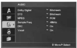 AUDIO Dolby Digital DTS MPEG Sample Freq. DRC Vocal Blinkstream Blinkstream PCM 48kHz On On Move Select
