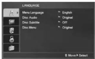 LANGUAGE Menu Language English Disc Audio Original Disc Subtitle Off Disc Menu Original Move Select