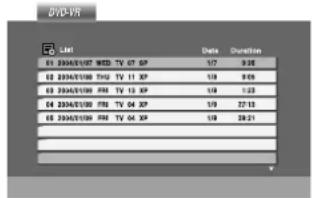 DVD-VR List 01 2004/01/07 MWD TV 07 SP 02 2004/01/08 THU TV 11 XP 03 2004/01/09 PM TV 13 XP 04 2004/01/09 PM TV 04 XP 05 2004/01/09 PM TV 04 XP Date Duration 1/7 9:26 1/8 9:59 1/9 1:23 1/10 27:13 1/9 28:21