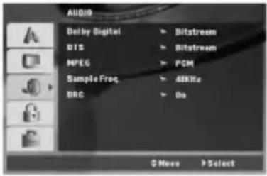 AUDIO Delby Digital > Bitstream BTS > Bitstream MPEG > PCM Sample Freq. > 48KHz DRC > Do $ Move > Select