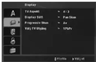Display TV Aspekt Display Sätt Progressiv Skan Valj TV Utgång 4:3 Pan Skan Av YPbPr Flytta Valj ut