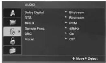 AUDIO Dolby Digital Bitsstream DTS Bitsstream MPEG PCM Sample Freq 48kHz DRC On Vocal Off Move Select
