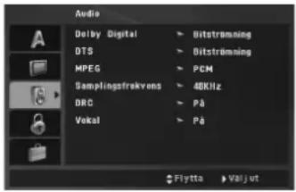 Audio Delby Digital DTS MPEG Samplingsfrekvens DRC Vekal Bitströmning Bitströmning PCM 48KHz På På Flytta Valj ut