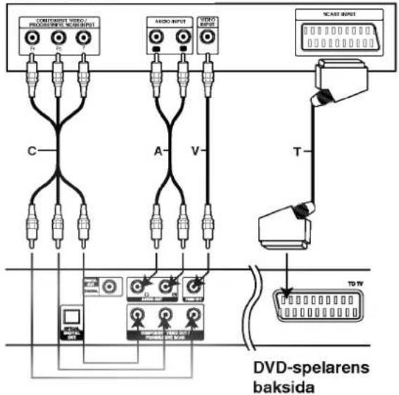 COMPOSITE VIDEO / PROGRESSIVE SCENSIFLET N P T AUDIO INPUT VIDEO INPUT CAST INPUT C A V T DVD-spelarens baksida