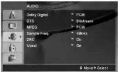 AUDIO Delay Digital PCM DTS 8bitstream MPEG PCM Sample Freq 48kHz DRC On Vocal On Move > Select