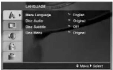 LANGUAGE Menu Language > English Disc Audio > Original Disc Subtitle > Off Disc Menu > Original Move > Select